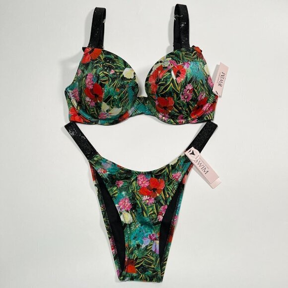 Victoria Secret 34A S SEXY TEE Push Up Bikini Top Set Shine Strap Palm Tropical